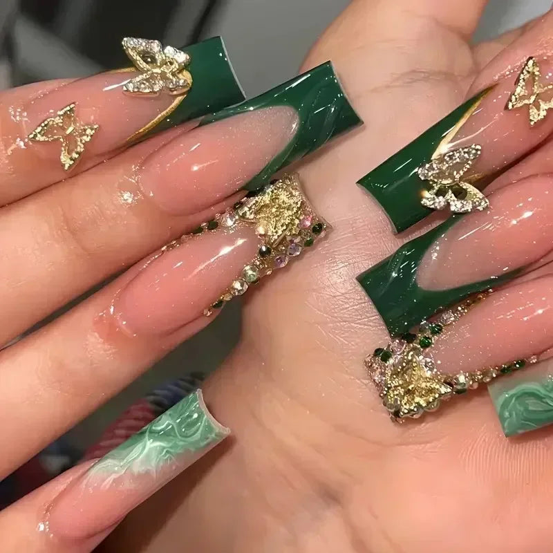 Diamond & Gold Butterfly Press-On Nails – 24pcs Long Elegant Acrylic