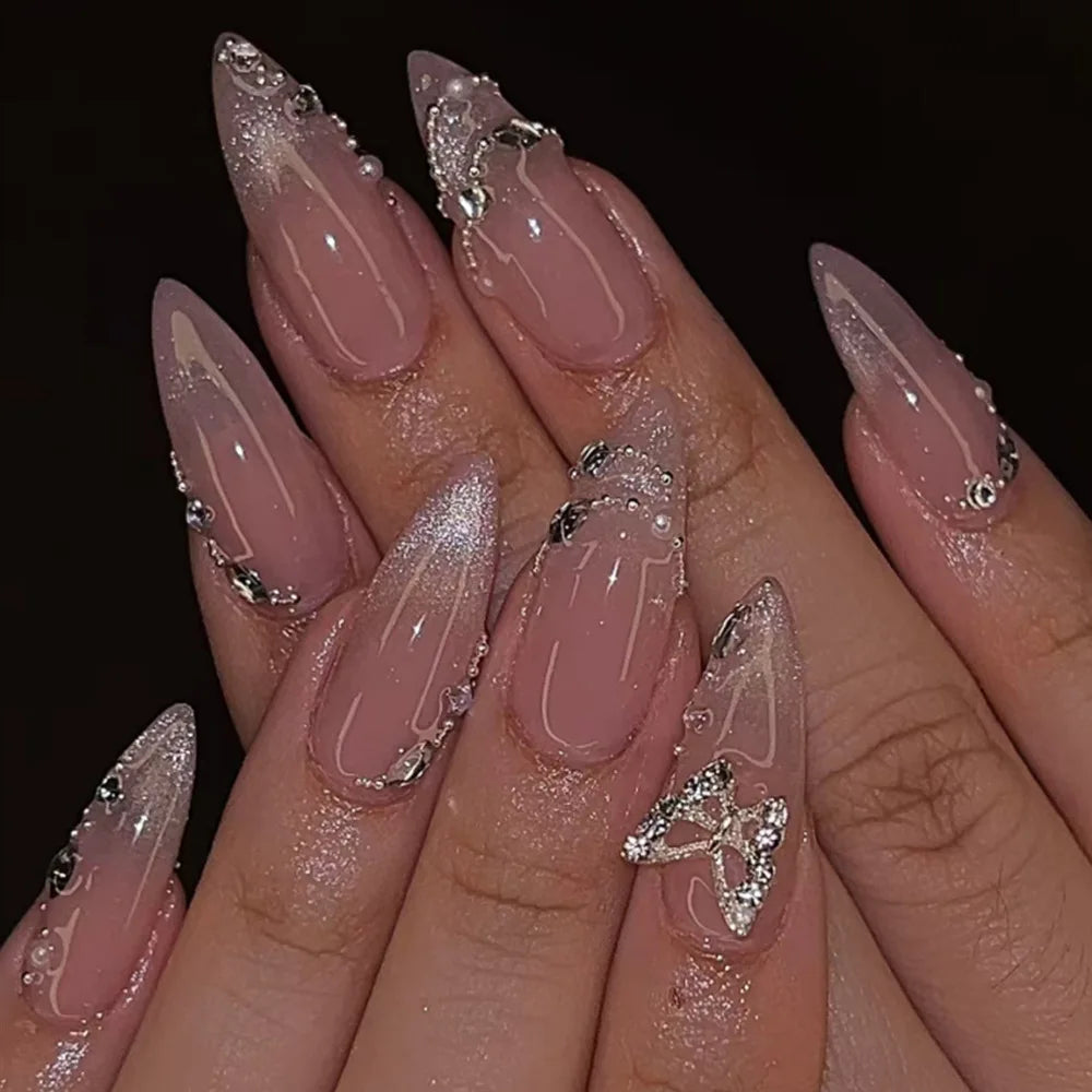 3D Love Glitter Pink Almond Press-On Nails (24pcs)