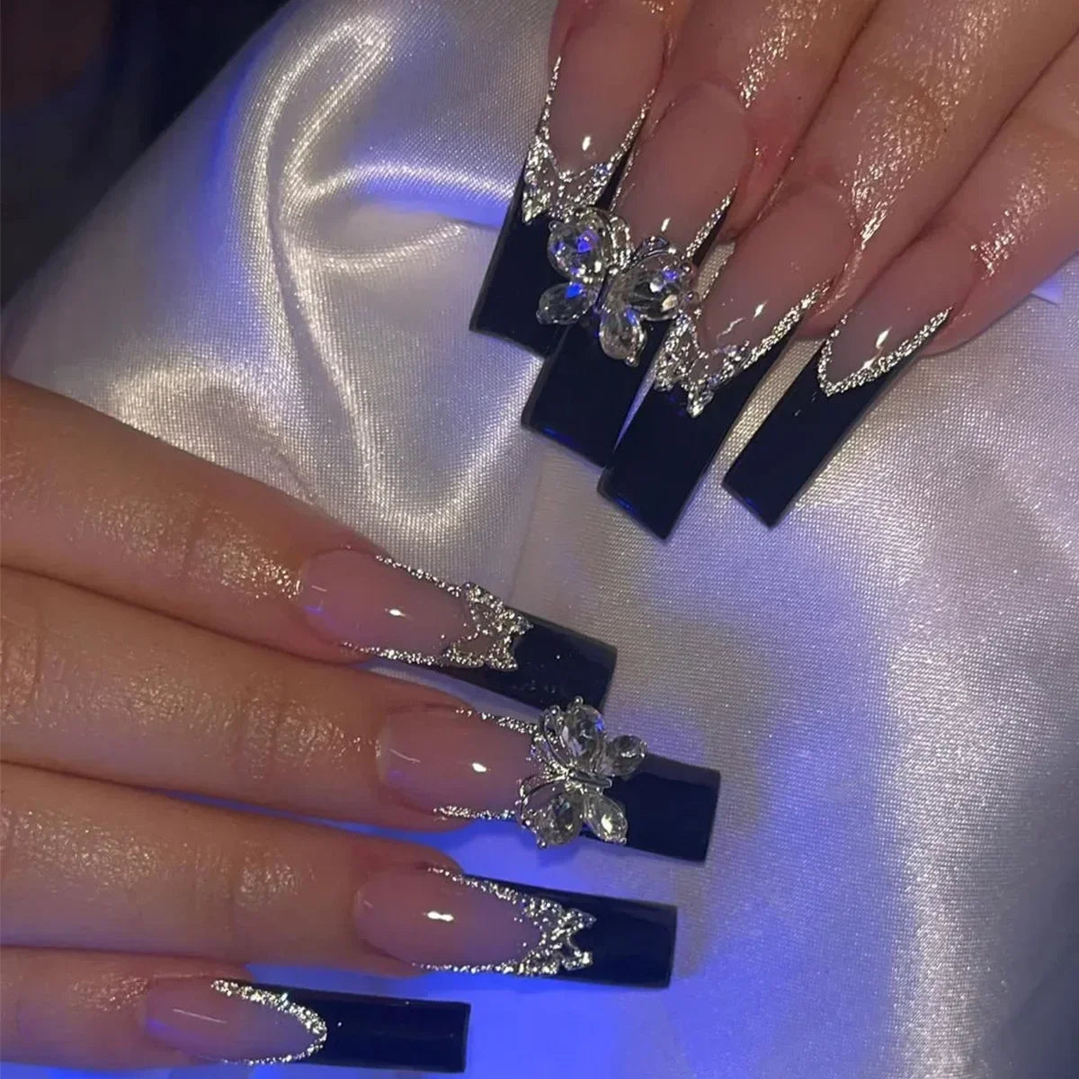 Diamond & Gold Butterfly Press-On Nails – 24pcs Long Elegant Acrylic