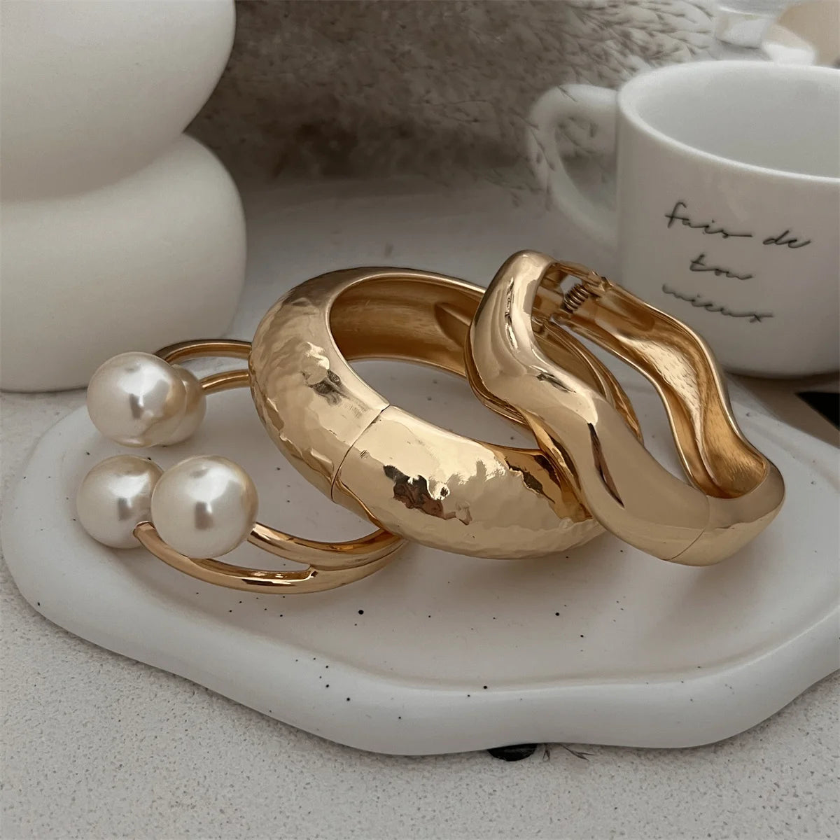 Chunky Pearl Open Cuff Bangle – Bold Statement Bracelet Gold & Silver
