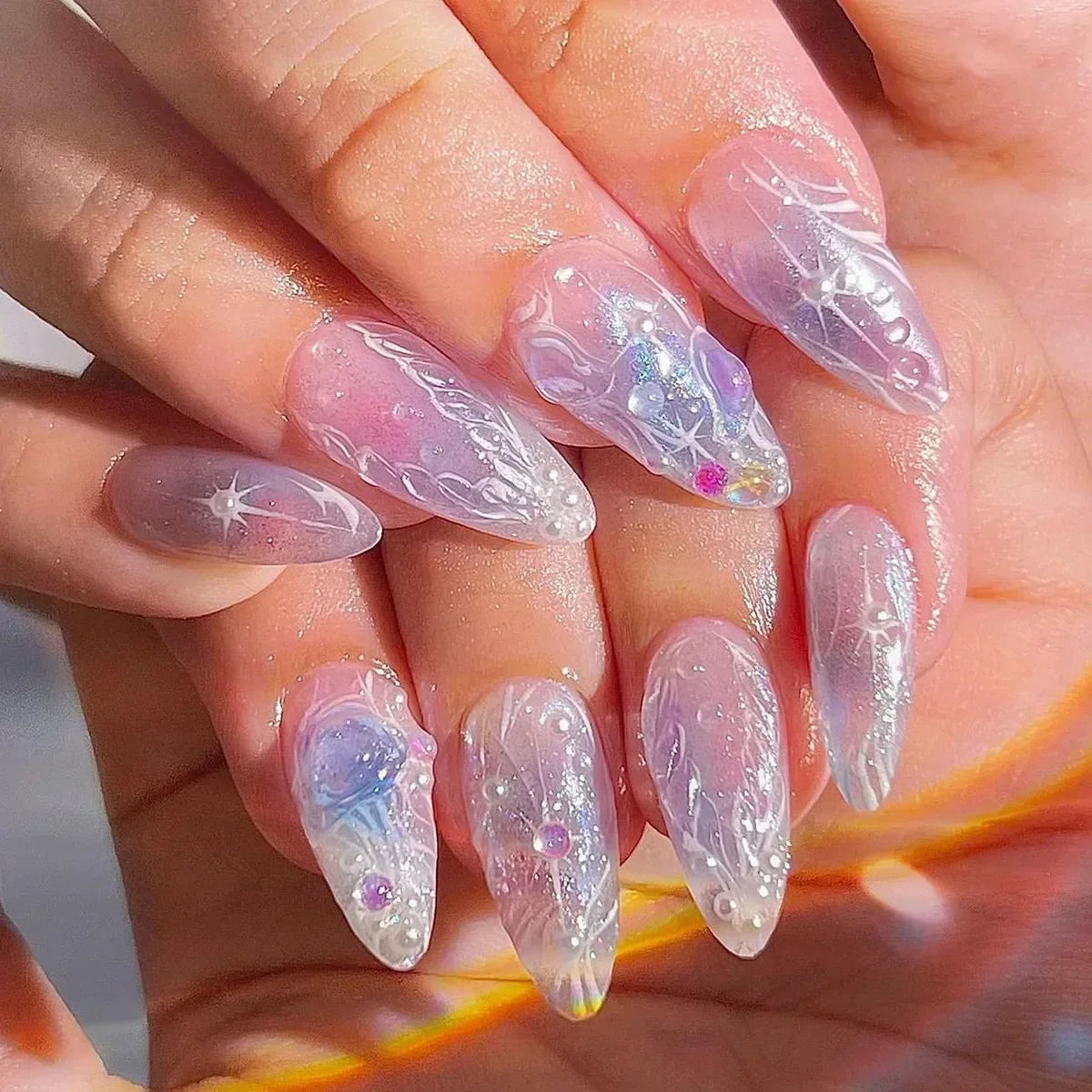 3D Love Glitter Pink Almond Press-On Nails (24pcs)