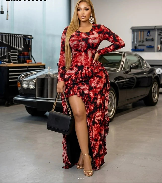 Tie-Dye Ruffle Bodycon Maxi Dress