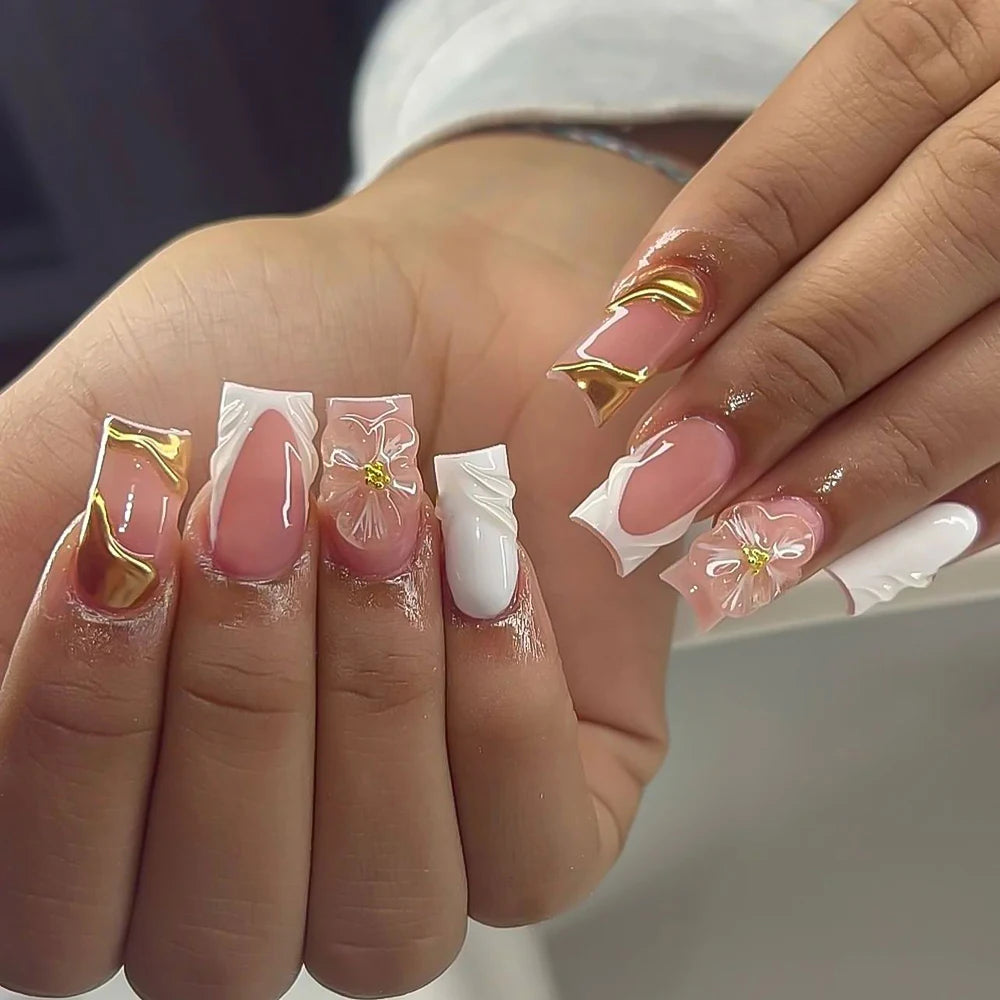 Retro Floral Gold Coffin Press-On Nails (24pcs)