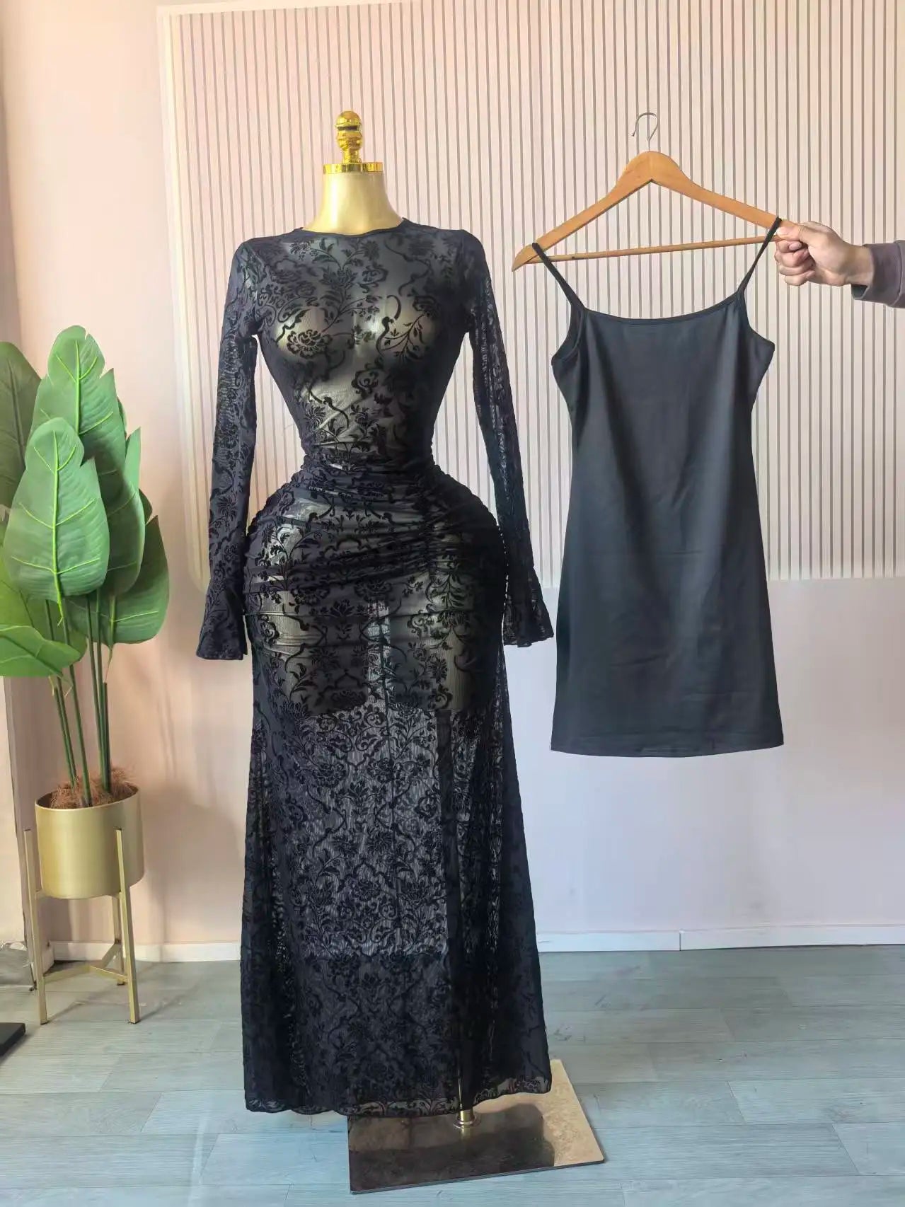 Mesh Bodycon Flare Sleeve Maxi Dress