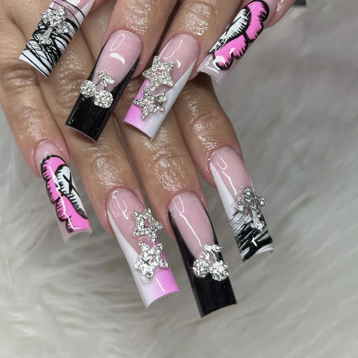 White French Diamond Flower Press-On Nails - Coffin Ballerina