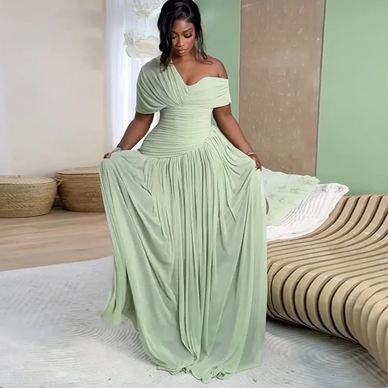 Sage Green One-Shoulder Ruched A-Line Maxi Dress