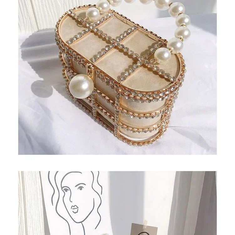 Luxe Pearl & Diamond Metallic Evening Bag