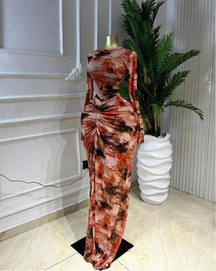 Abstract Print Ruched Stacked Maxi Dress