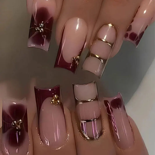 Retro Floral Gold Coffin Press-On Nails (24pcs)