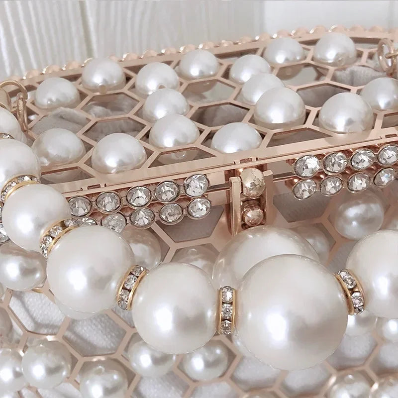 Luxe Pearl & Diamond Metallic Evening Bag