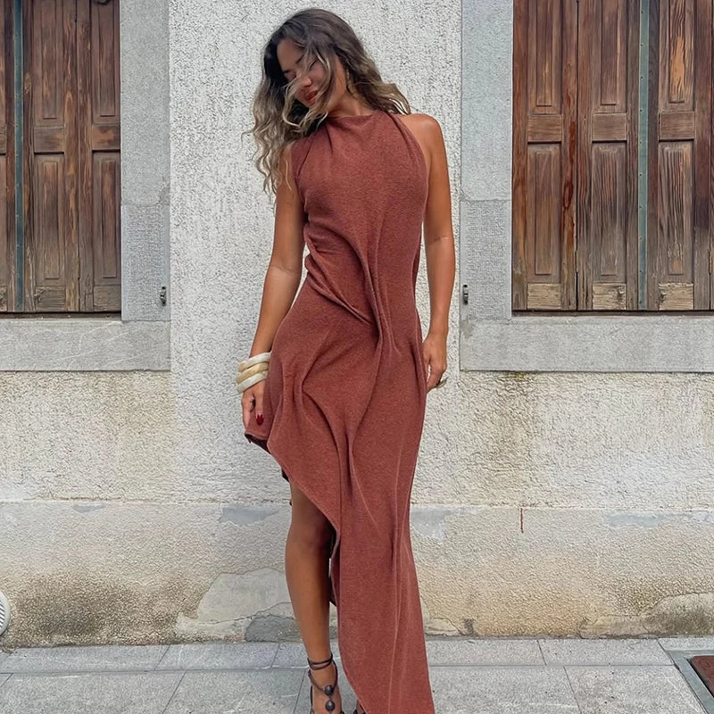Soft Halter Ruched Asymmetrical Maxi Dress