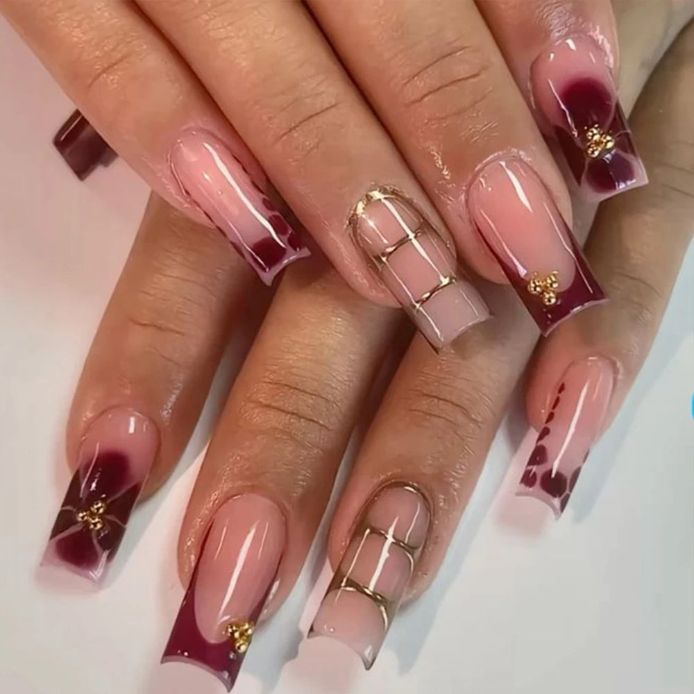 Retro Floral Gold Coffin Press-On Nails (24pcs)