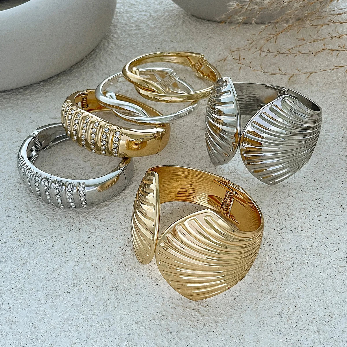 Scallop Knot Open Cuff Bangle – Vintage Gold & Silver Rhinestone Bracelet