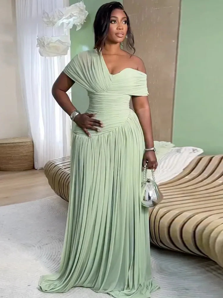 Sage Green One-Shoulder Ruched A-Line Maxi Dress