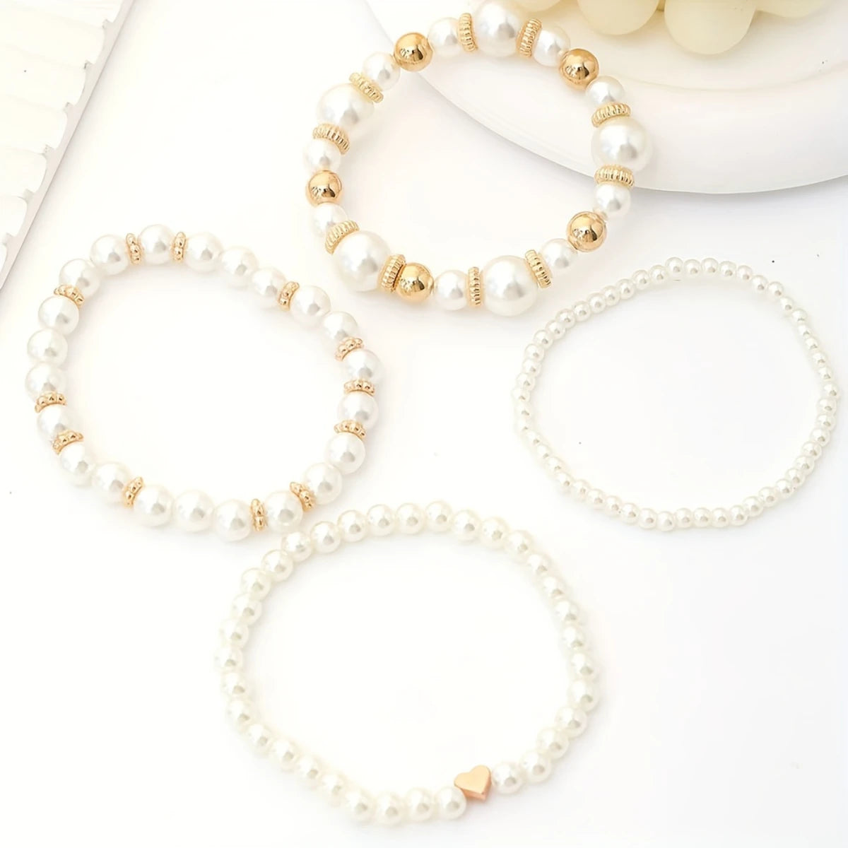 Pearl Love Charm Bracelet Set – 4-Piece Stacking Set