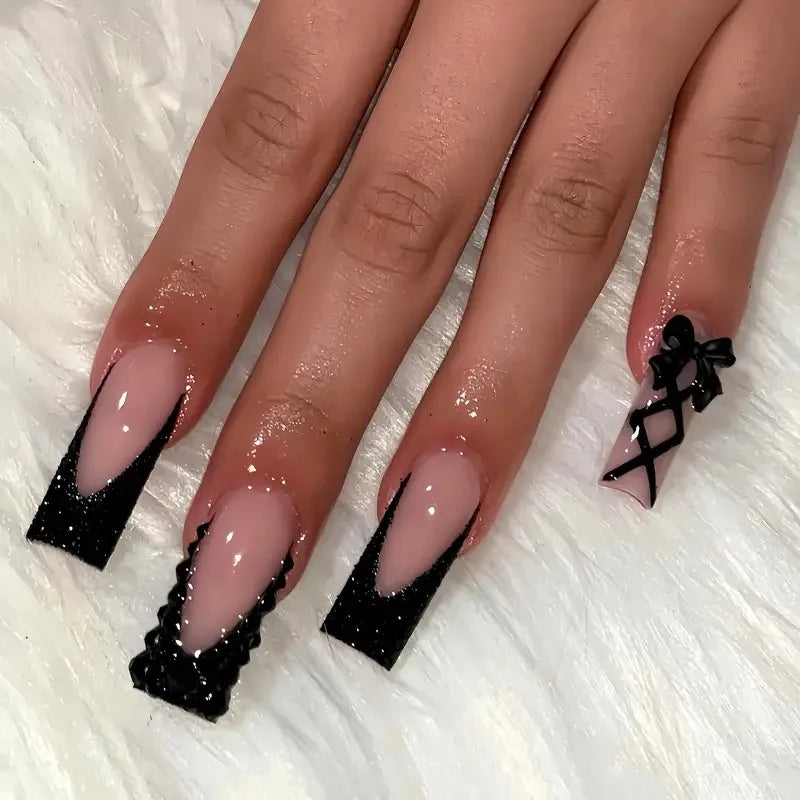 Bow Diamond Long Coffin Press-On Nails (24pcs)