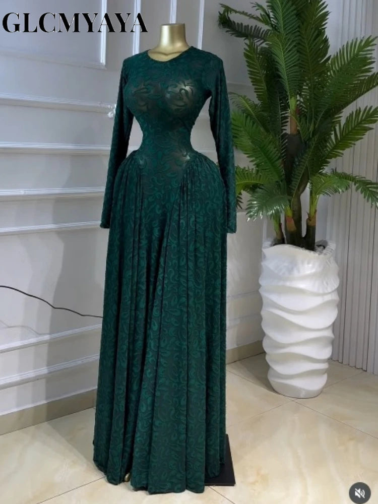 Velvet & Mesh Corseted Pleated A-Line Maxi Dress