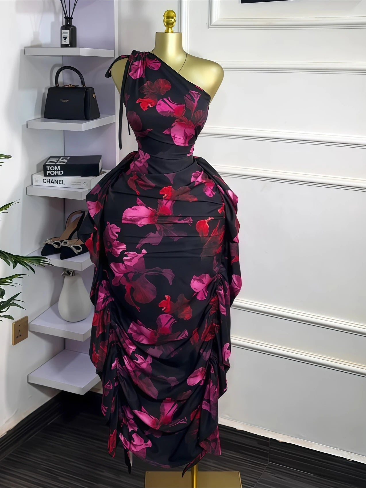Floral One-Shoulder Ruched Maxi Dress