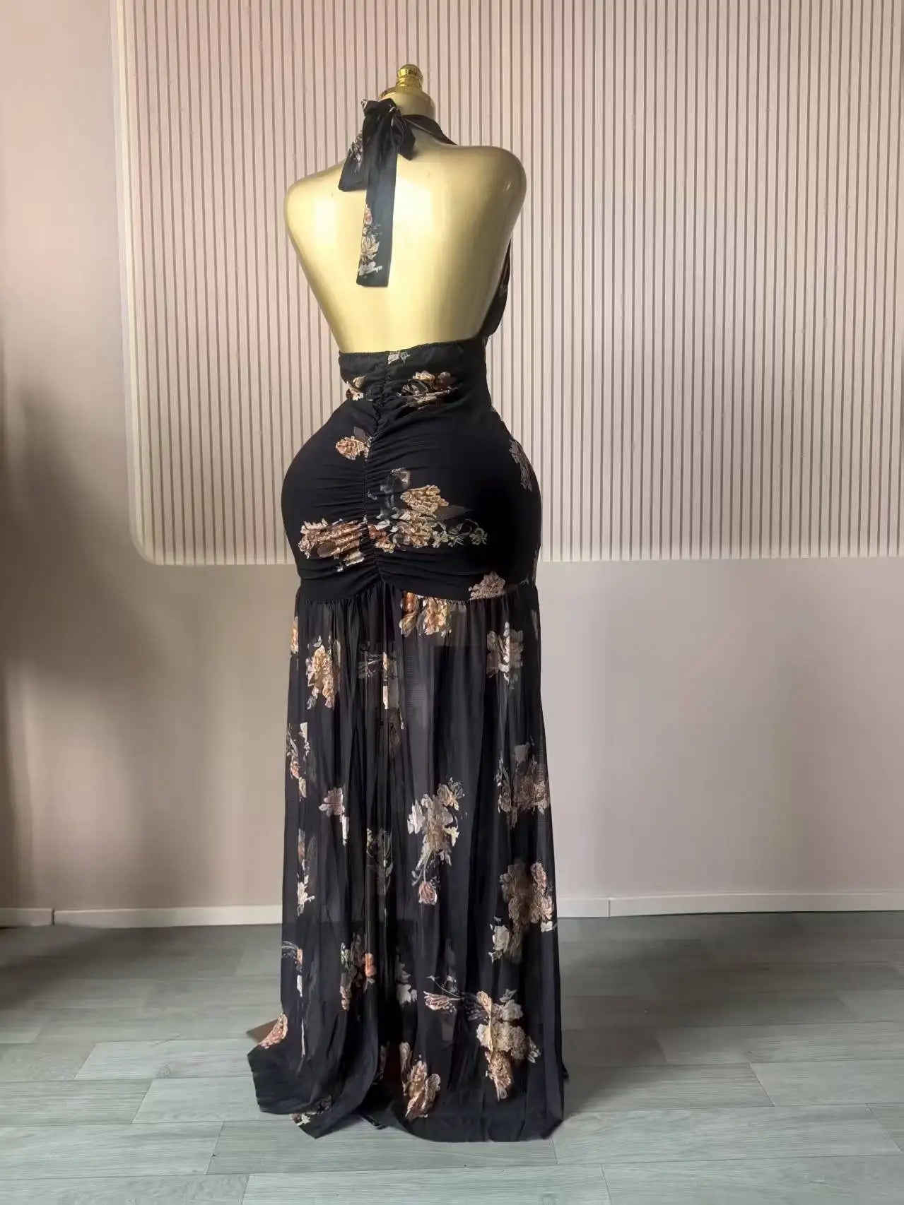 Floral Halter V-Neck Backless Ruched Ruffle Maxi Dress