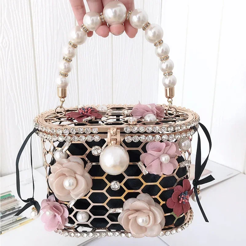Luxe Pearl & Diamond Metallic Evening Bag