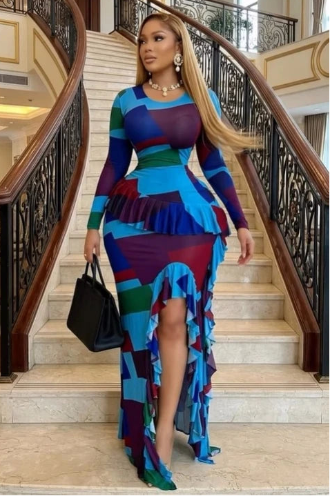 Tie-Dye Ruffle Bodycon Maxi Dress