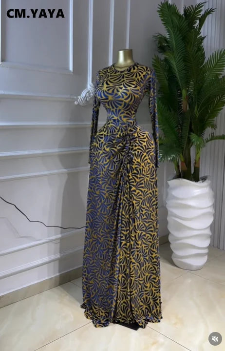 Mesh Print Ruched Stacked Maxi Dress