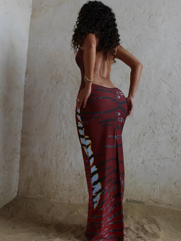 Burgundy Camo Print Maxi Dress with Side Cutouts - Wild Elegance