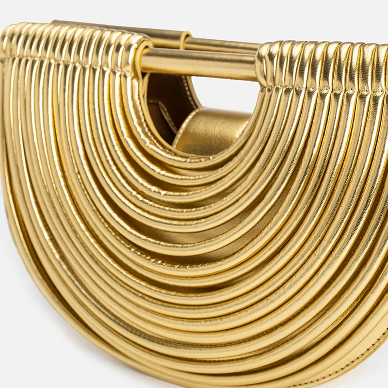 Gold Handwoven Noodle Hobo Bag – Luxury Half Round Evening Clutch