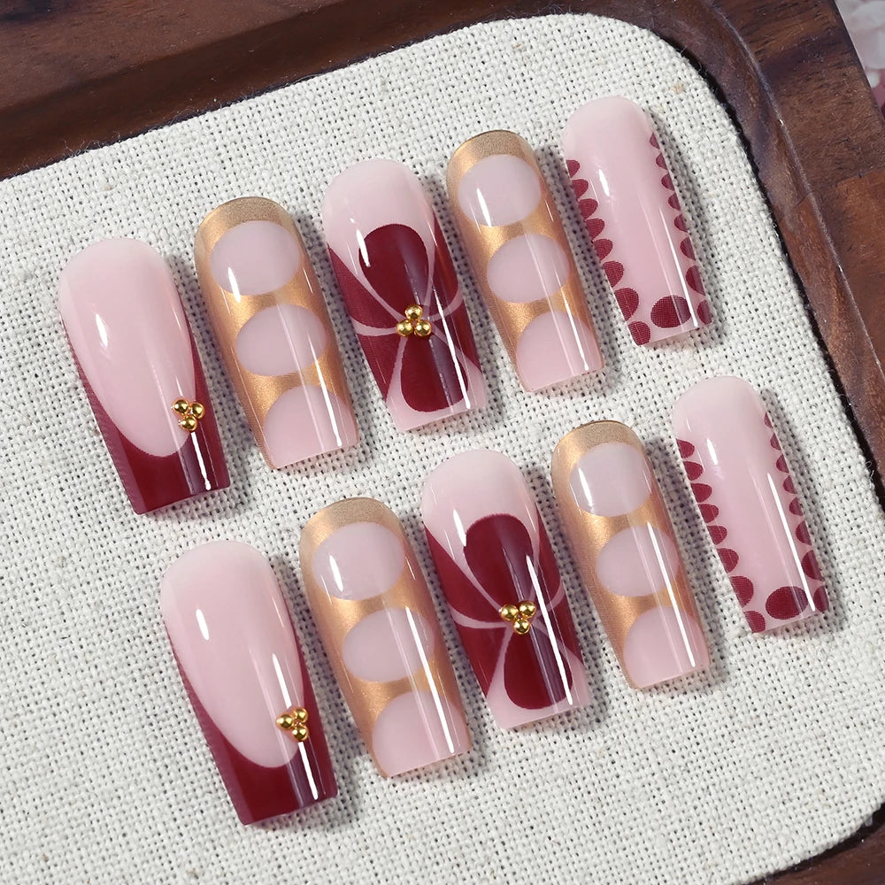 Retro Floral Gold Coffin Press-On Nails (24pcs)