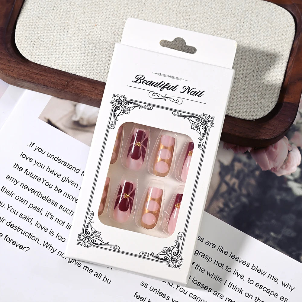 Retro Floral Gold Coffin Press-On Nails (24pcs)