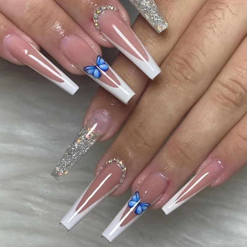 Pink Butterfly Glitter Press-On Nails - French Ballet