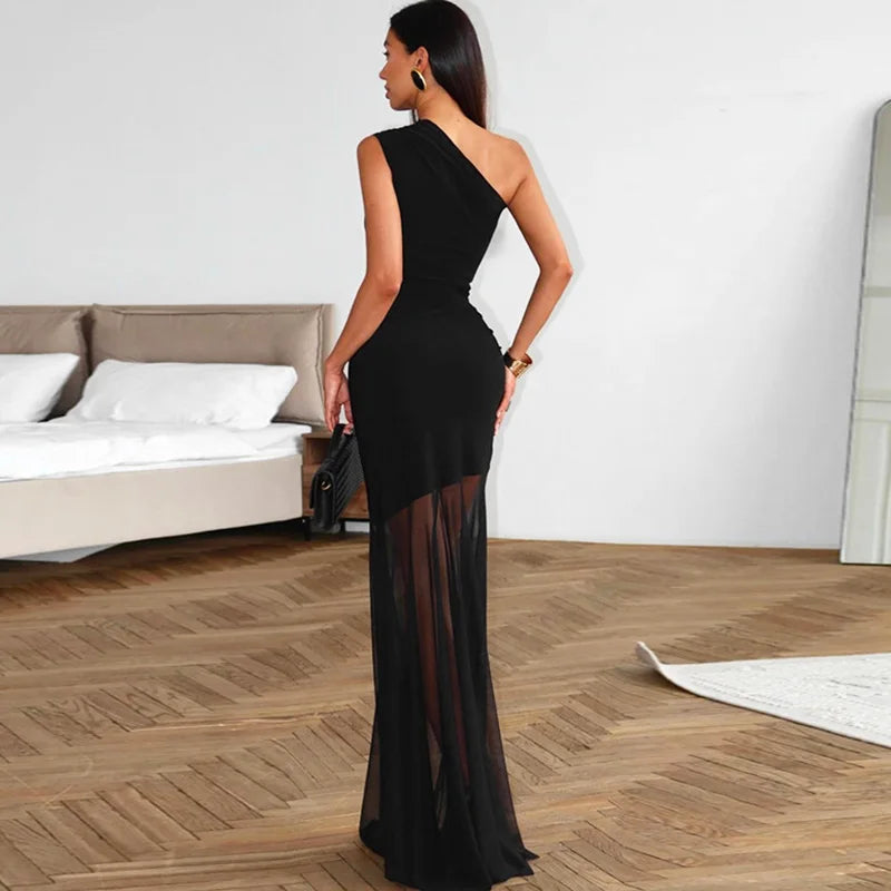 Off-Shoulder Sheer Maxi Dress – Backless Evening Gown