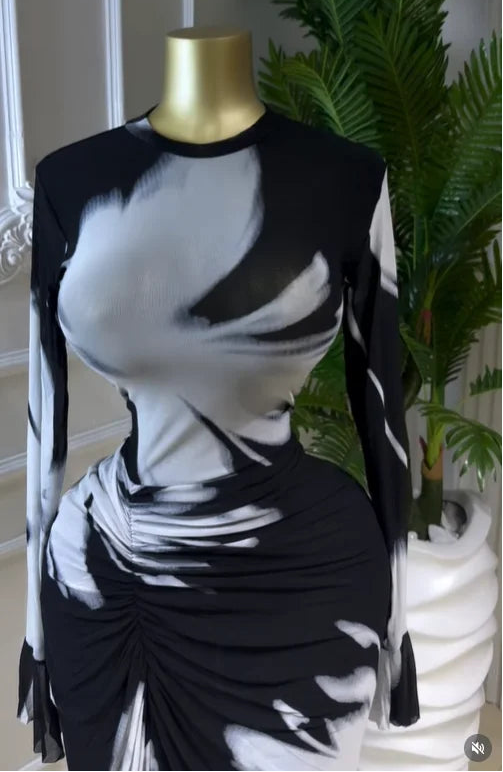 Abstract Print Ruched Stacked Maxi Dress