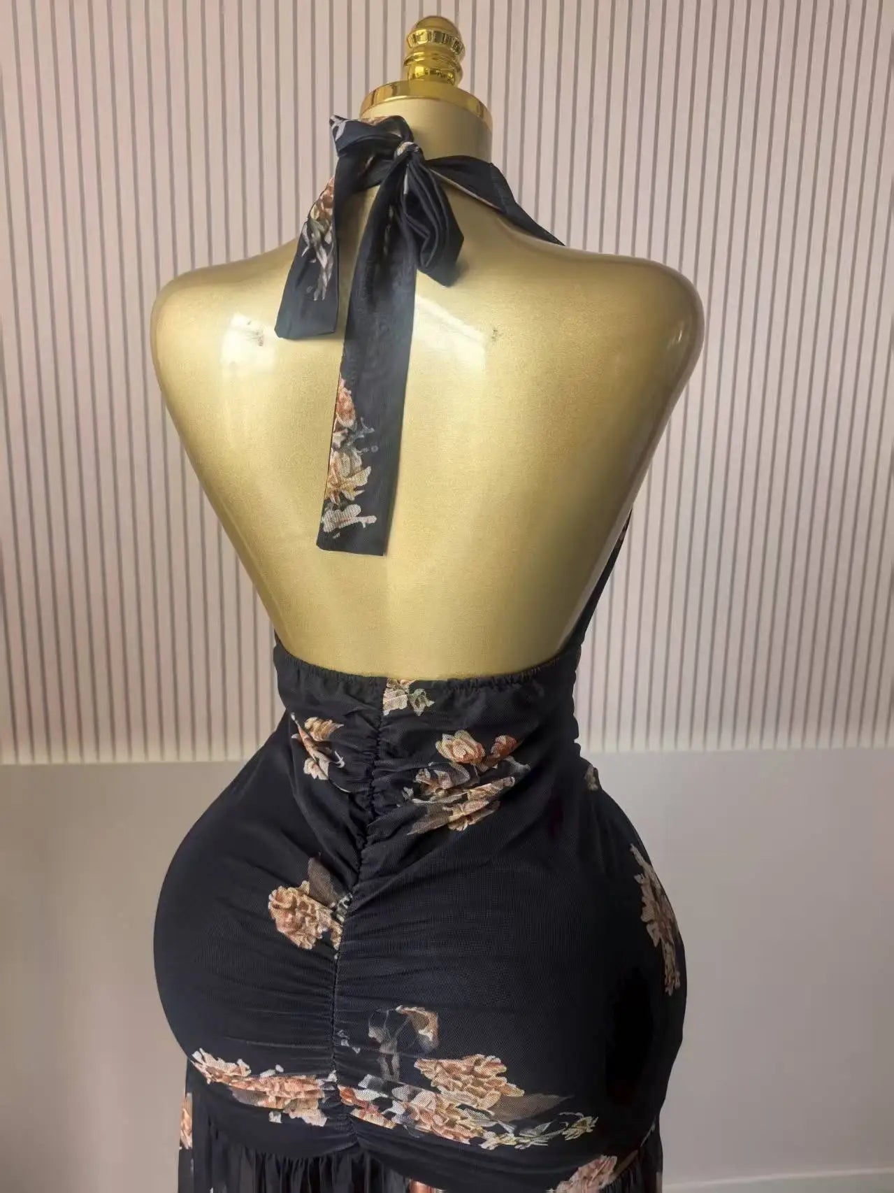 Floral Halter V-Neck Backless Ruched Ruffle Maxi Dress
