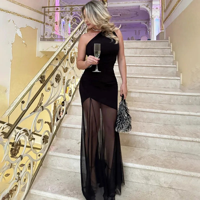 Off-Shoulder Sheer Maxi Dress – Backless Evening Gown