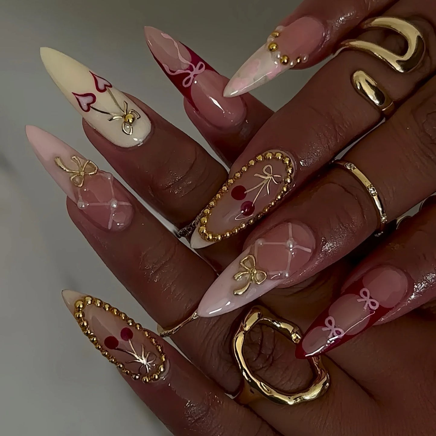 Nude Flower Rhinestone Stiletto Press-On Nails - Almond