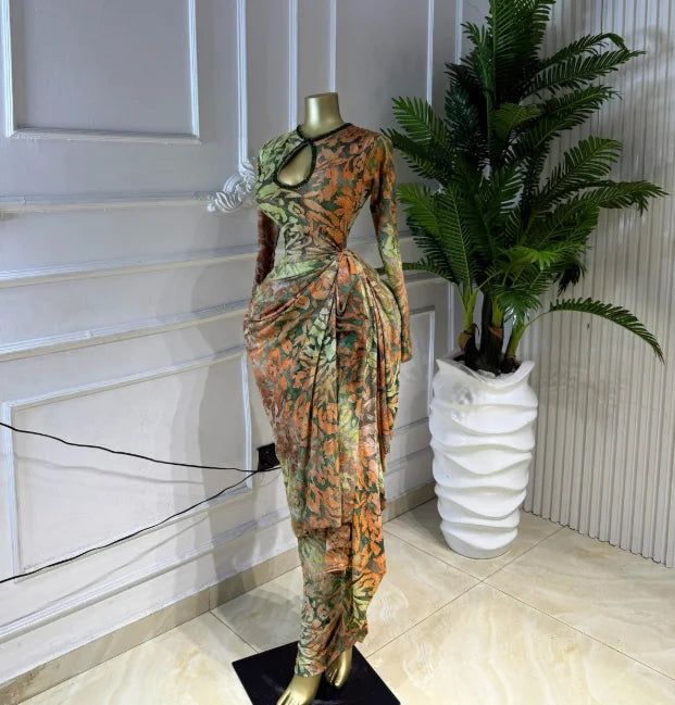 Striped Ribbon Ruched Long Sleeve Bodycon Maxi Dress