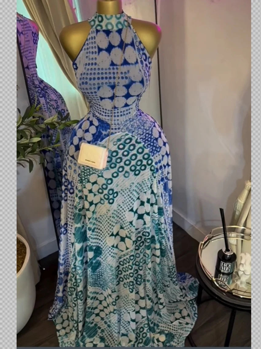 Sleeveless Mermaid Maxi Dress – Floral Print Floor-Length Evening Dress