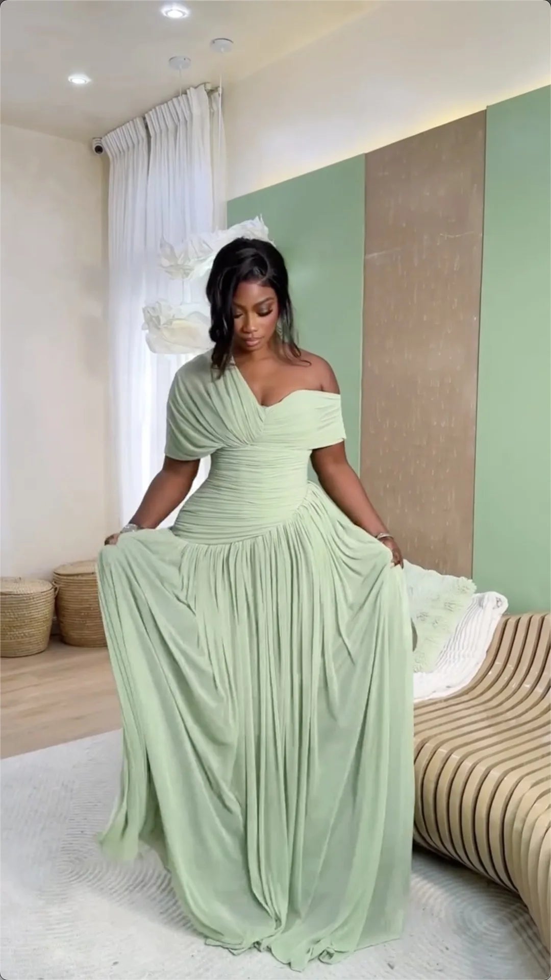 Sage Green One-Shoulder Ruched A-Line Maxi Dress