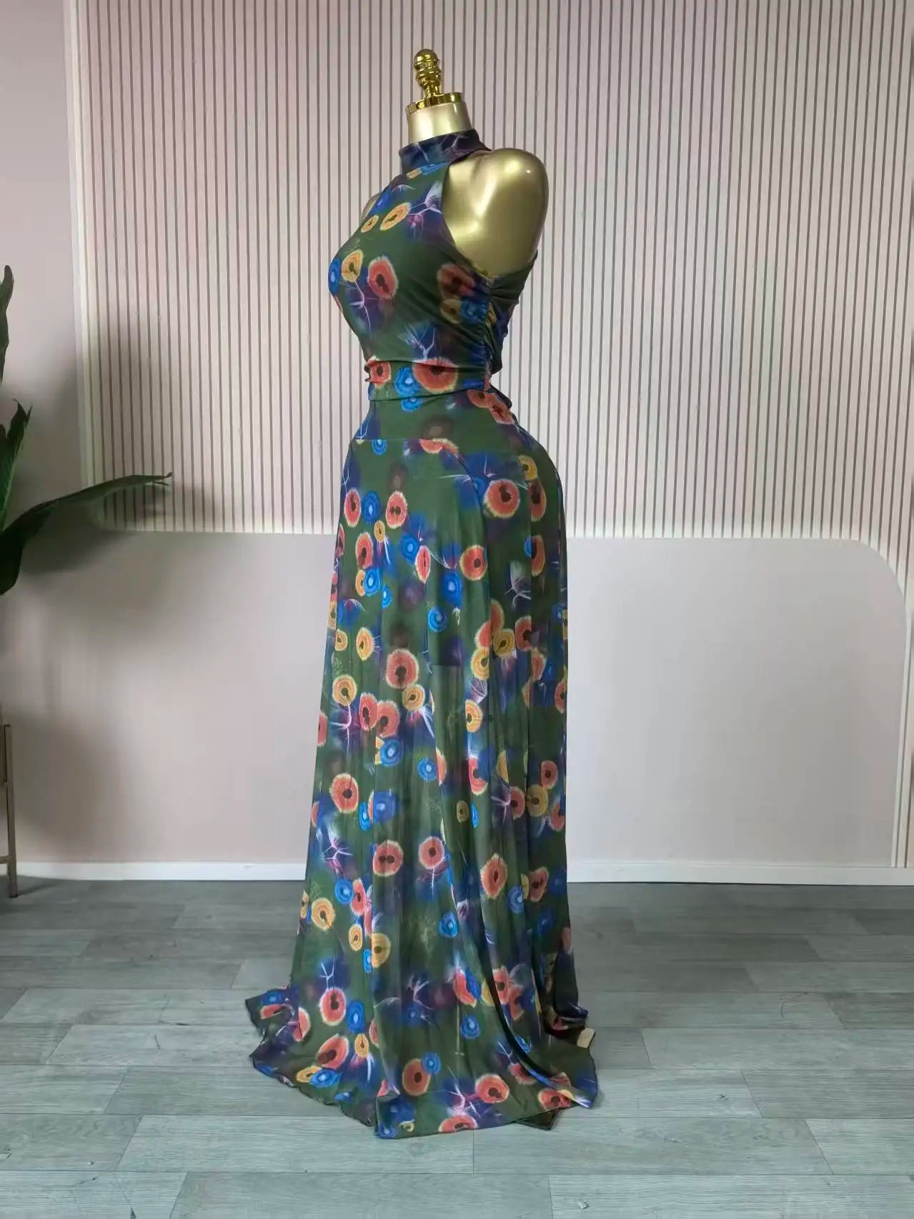 Sleeveless Mermaid Maxi Dress – Floral Print Floor-Length Evening Dress