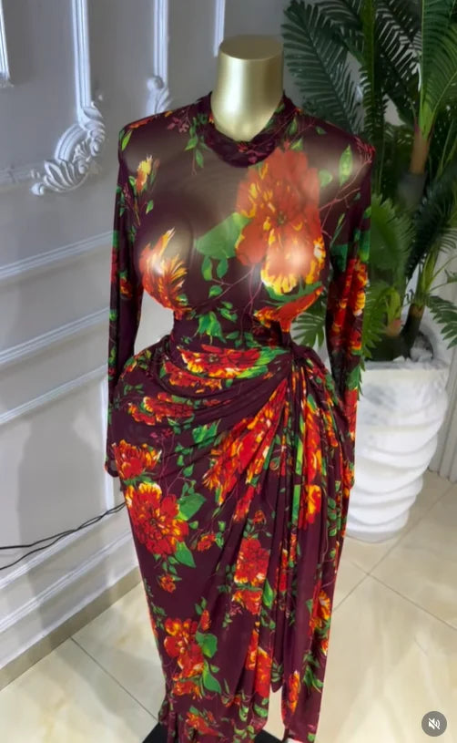 Floral Mesh Draped Wrap Maxi Dress
