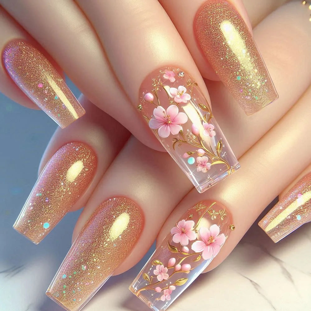 Diamond & Gold Butterfly Press-On Nails – 24pcs Long Elegant Acrylic