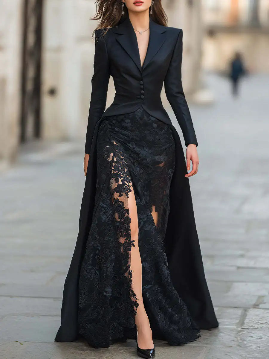 Lace Spliced V-Neck Long Sleeve Two Piece Evening Set