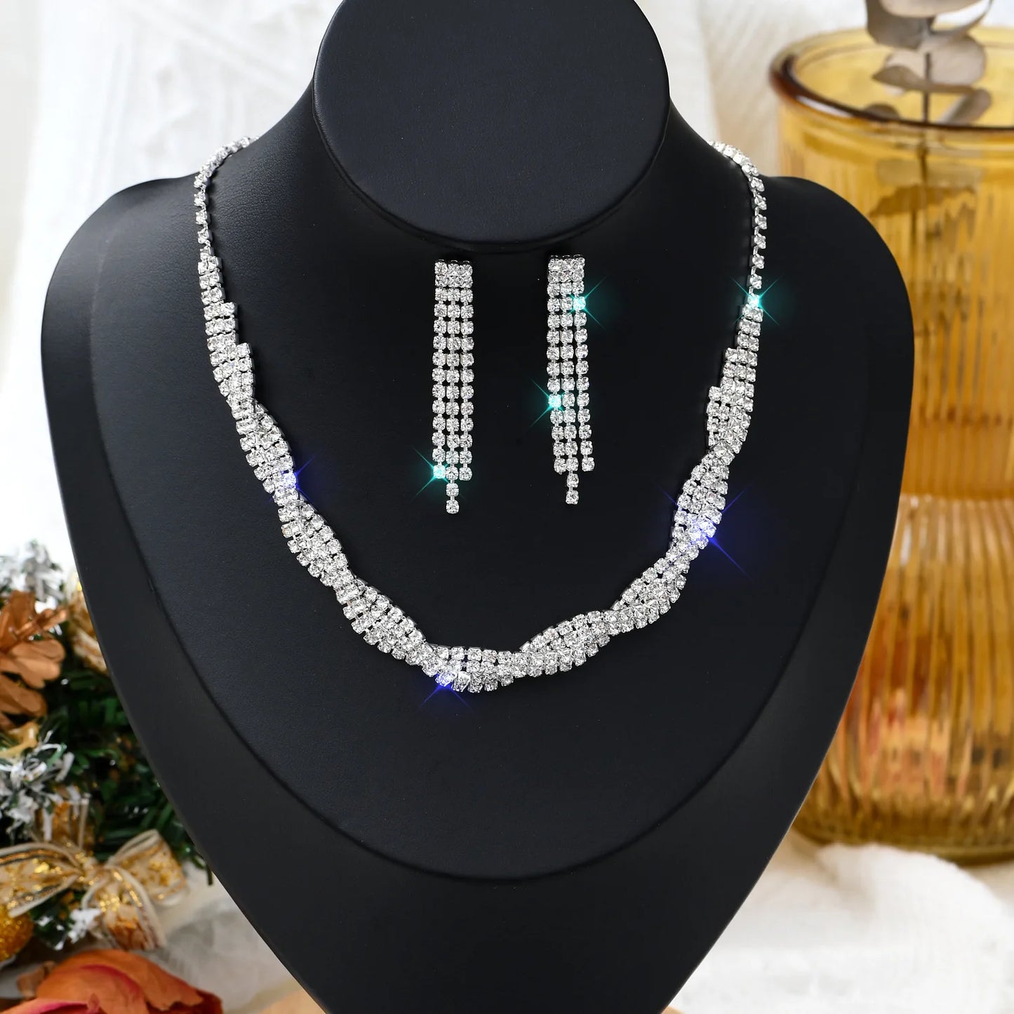 Rhinestone Claw Chain BBridal Set – Necklace & Earrings Wedding Jewellery