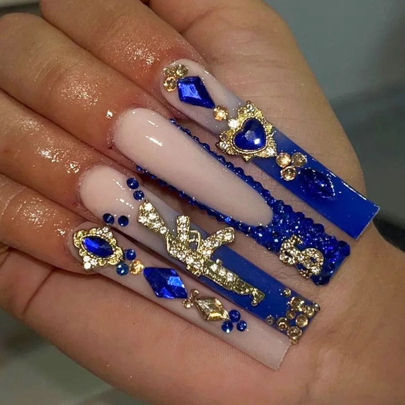 Diamond & Gold Butterfly Press-On Nails – 24pcs Long Elegant Acrylic