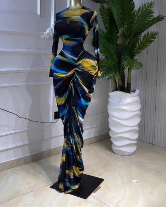 Tie Dye Ruched Bodycon Maxi Dress – Long Sleeve Floor-Length Vacation Dress