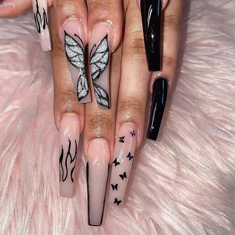 Pink Butterfly Glitter Press-On Nails - French Ballet