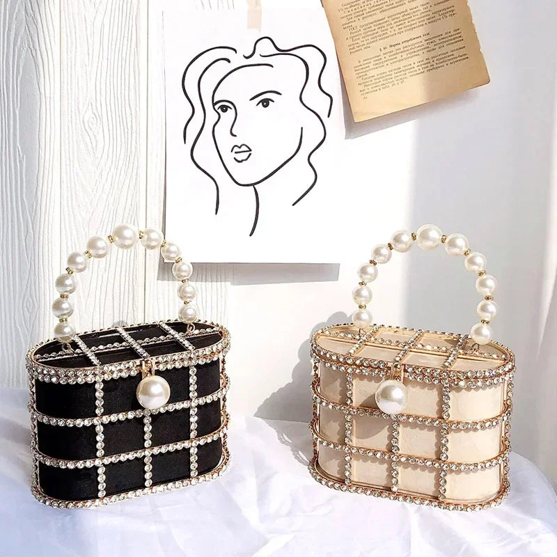 Luxe Pearl & Diamond Metallic Evening Bag