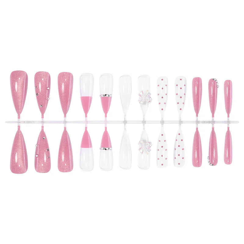 Glitter Bow Almond Press-On Nails – 24pcs Sweet Korean Style