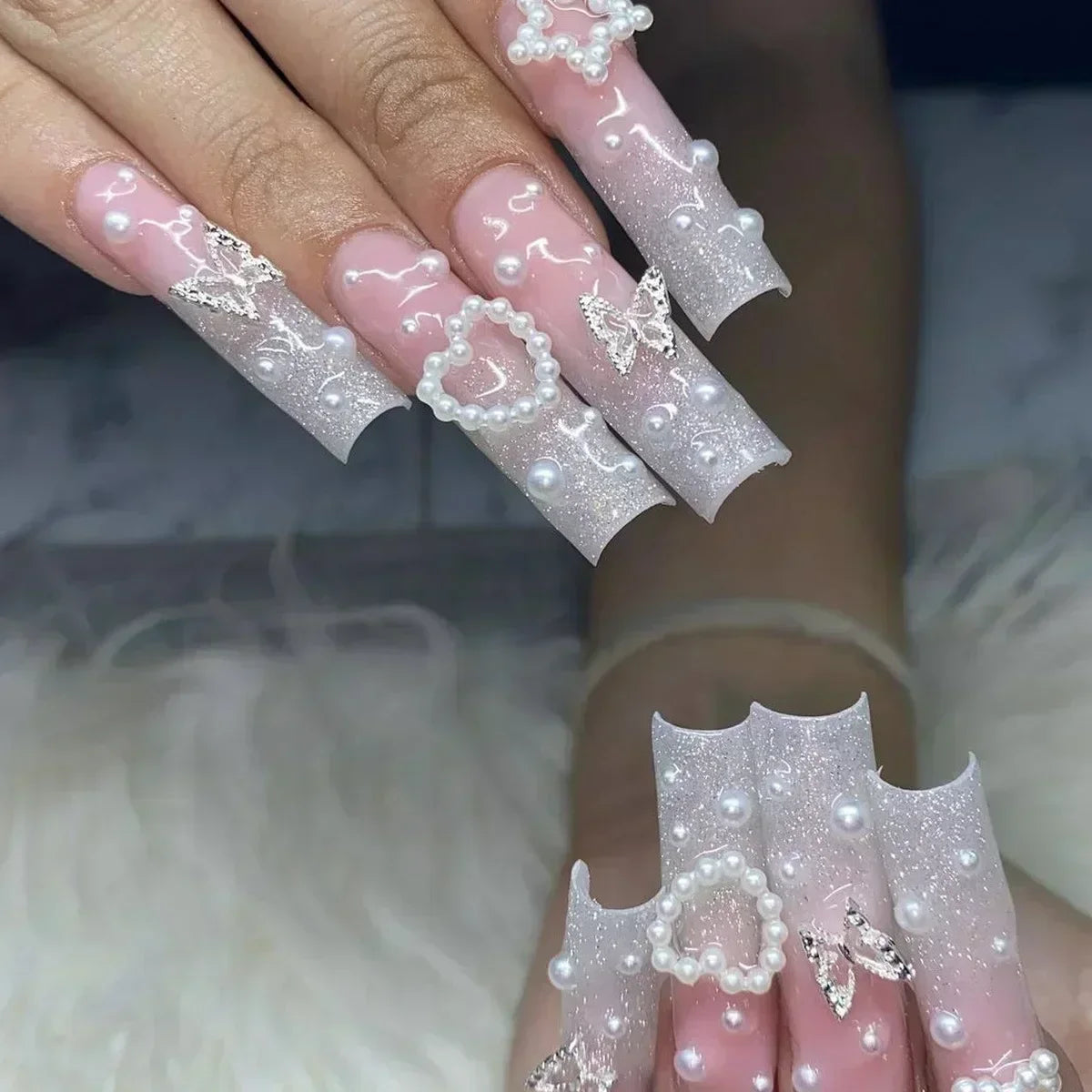 Pink Butterfly Glitter Press-On Nails - French Ballet